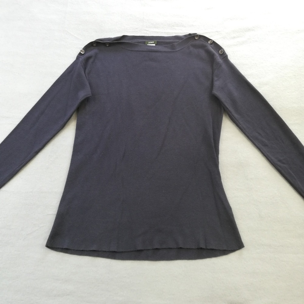 J. Crew Womens Sweater‎ Wool Blend Navy Blue Boat Neck Button Shoulder S